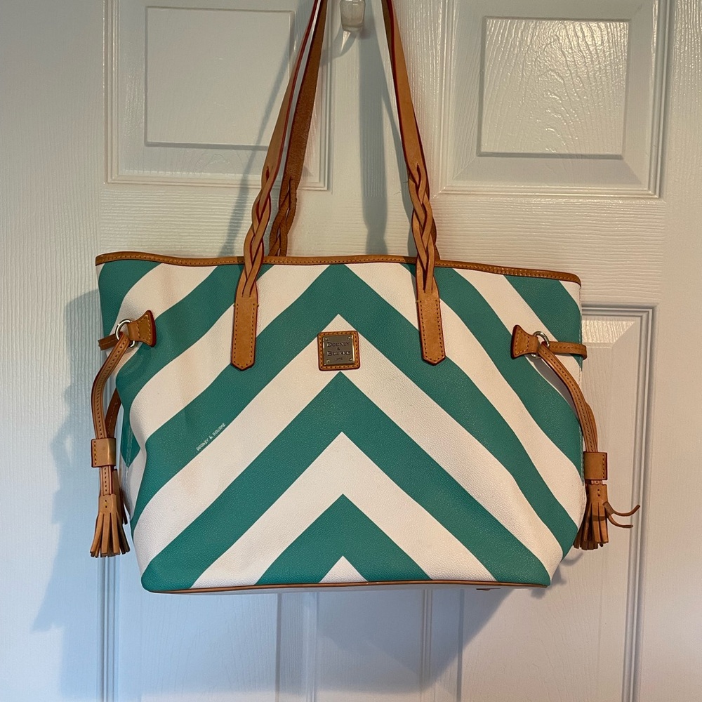 Dooney & Bourke Teal Green and White Chevron Tote